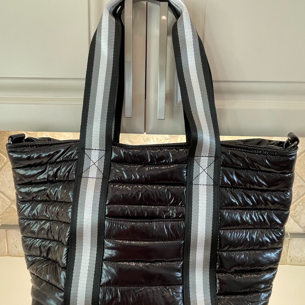 Think Rolyn Black Quilted Tote Bag with Striped Handles